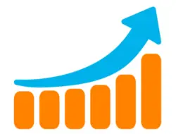 a blue arrow pointing up to a bar graph
