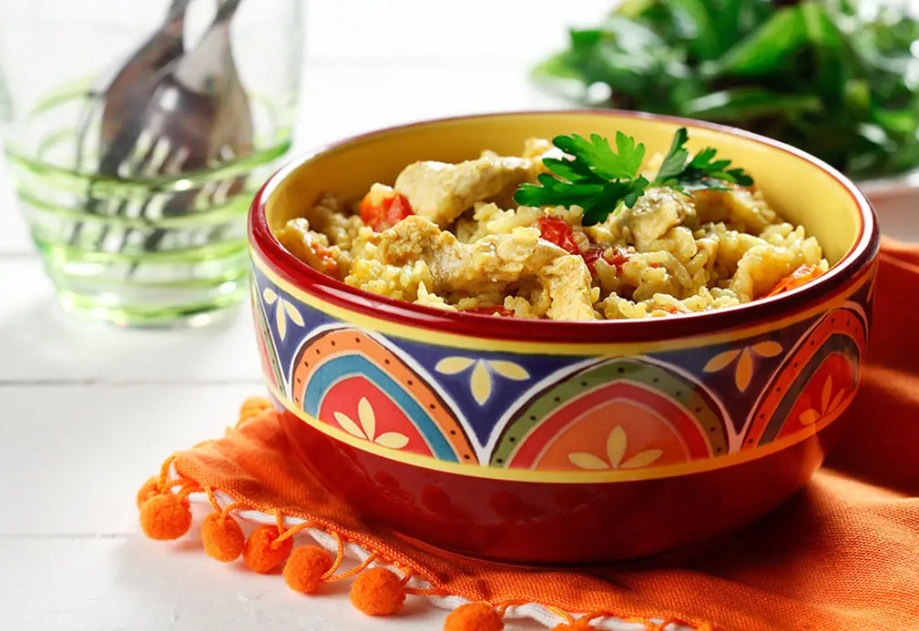 a bowl of food on a napkin
