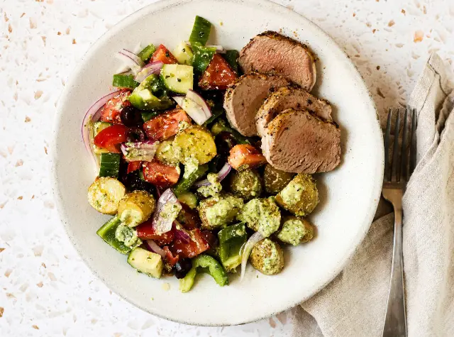 Feta pesto potato salad with pork tenderloin