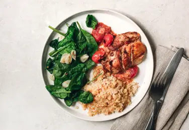 Garam masala chicken with ginger rice and garlic spinach