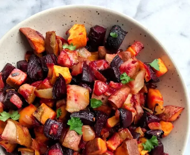 Ginger roasted beets, sweet potatoes and pears