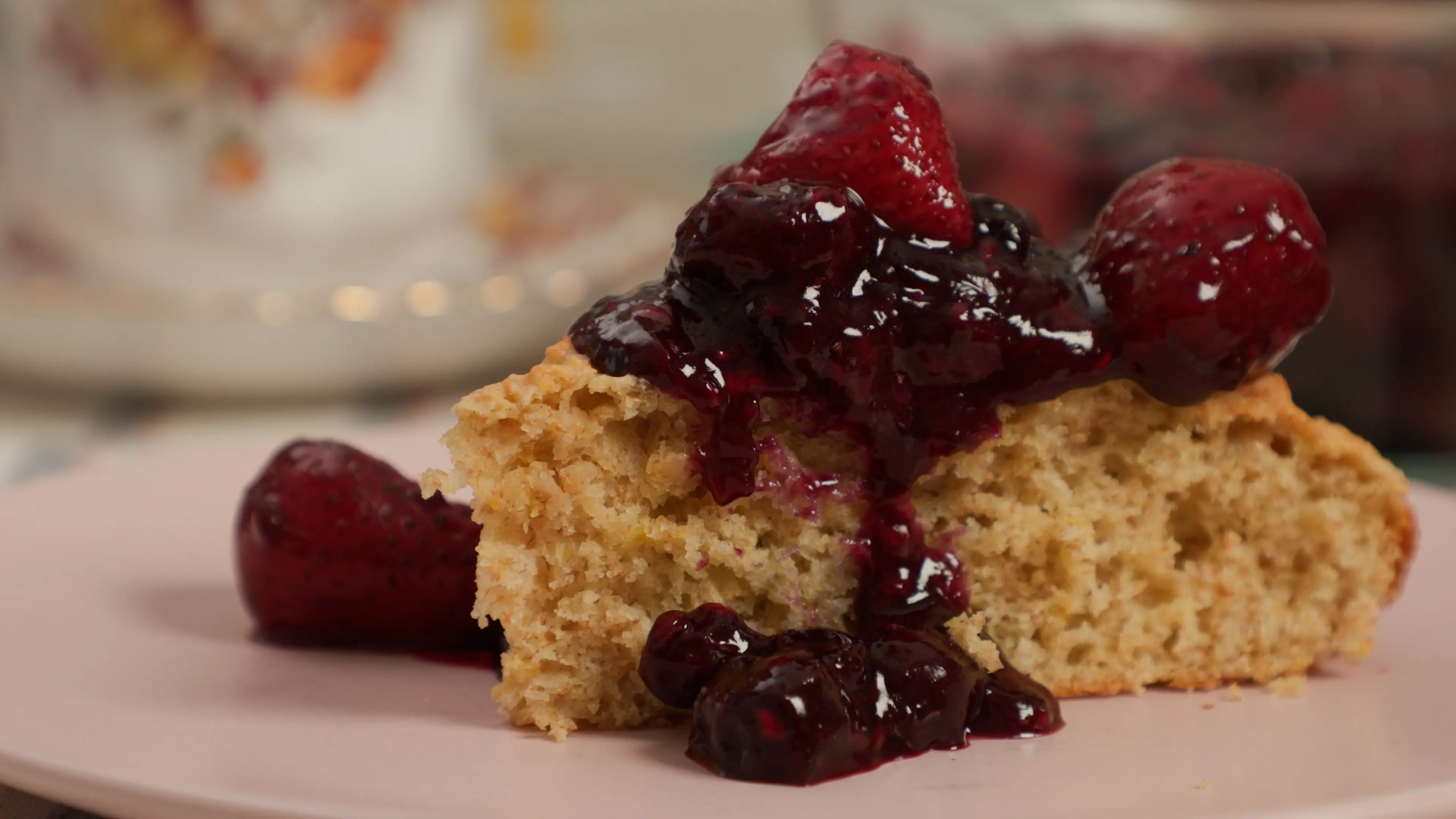 Yogurt lemon cake with berry sauce
